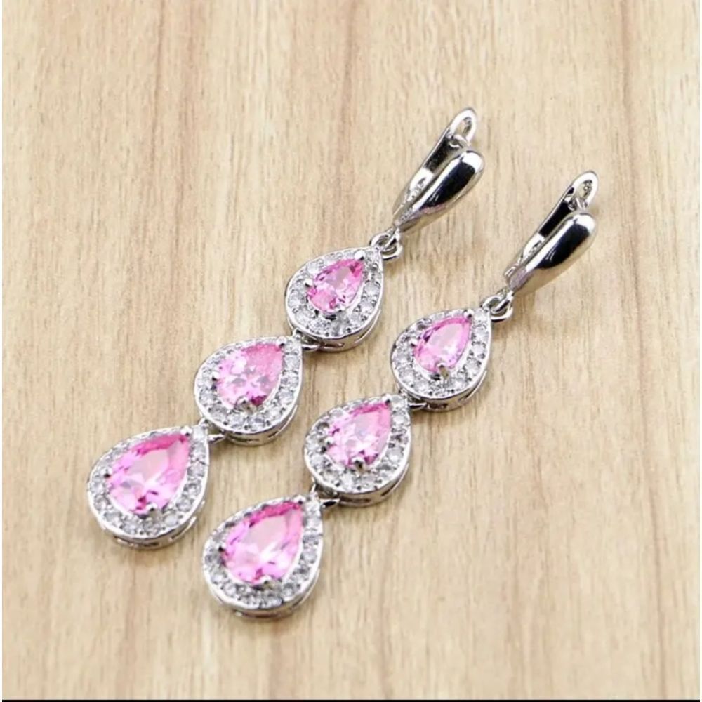 Pink Sapphire Silver Drop Dangle Earrings